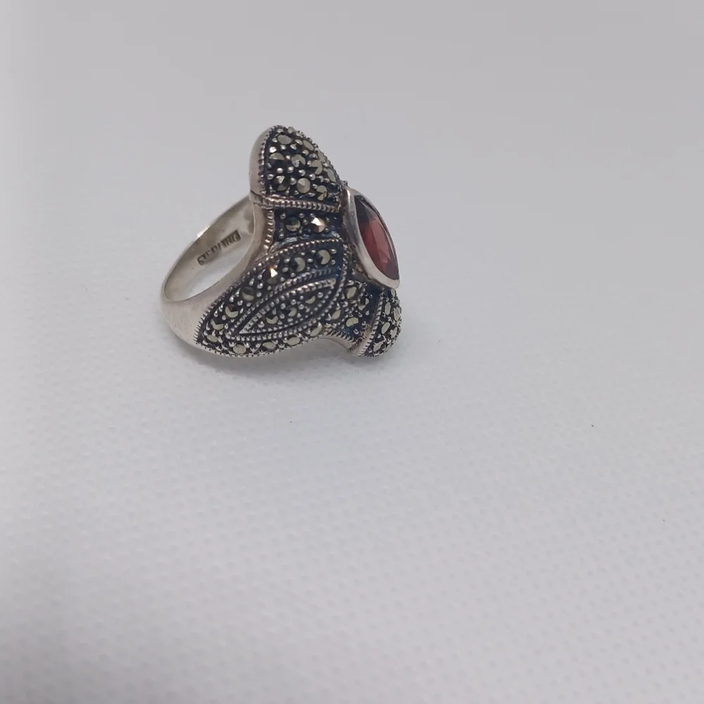 Vintage Sterling Judith Jack Red Garnet Marcasite Deco Statement Ring